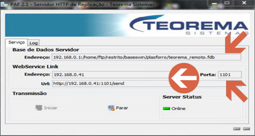 Tela PAF 2.1 - Servidor HTTP de Replicação - Teorema Sistemas com campos Base de Dados Servidor, WebService Link (endereço, porta e URL) e Server Status "Online"