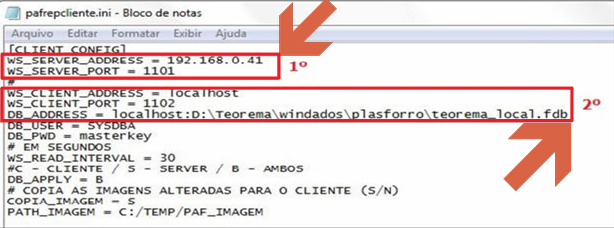 Arquivo pafrepcliente.ini aberto no Bloco de Notas com seções CLIENT_CONFIG opção 1 (WS_SERVER_ADDRESS, WS_SERVER_PORT) e opção 2 (WS_CLIENT_ADDRESS, WS_CLIENT_PORT, DB_ADDRESS, DB_USER, DB_PWD) destacadas