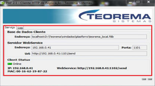 Tela PAF 2.1 - Cliente HTTP de Replicação - Teorema Sistemas com campos Base de Dados Cliente, Servidor WebService (endereço, porta e URL) e Client Status "Online"