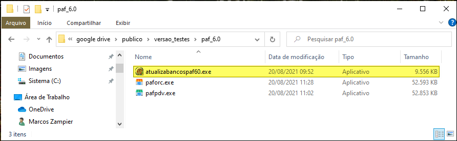 Windows Explorer na pasta paf_6.0 do Google Drive com o arquivo atualizabancospaf60.exe destacado, além de paforc.exe e pafpdv.exe