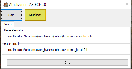 Janela Atualizador PAF-ECF 6.0 com campos Base Remoto e Base Local preenchidos e barra de progresso em 0%