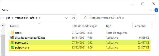 Windows Explorer na pasta versao 6.0 - nfc-e exibindo os arquivos atualizabancospaf60.exe, paforc.exe e pafpdv.exe destacados