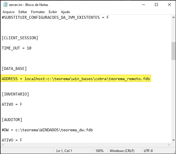 Arquivo server.ini aberto no Bloco de Notas com seções CLIENT_SESSION, DATA_BASE (ADDRESS apontando para teorema_remoto.fdb destacado) e INVENTARIO