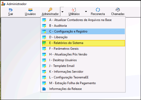 Tela Administrador com menu Administrador expandido e opção E - Relatórios do Sistema destacada