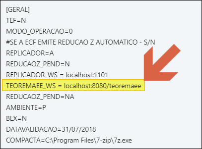 Arquivo teopaf.ini com seção GERAL exibindo campos REPLICADOR=A, REPLICADOR_WS e TEOREMAEE_WS destacados com anotação de seta