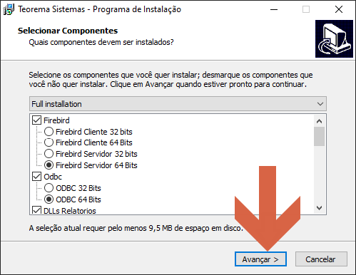Tela "Selecionar Componentes" do instalador Teorema com opção Firebird Servidor 64 Bits selecionada e botão Avançar em destaque
