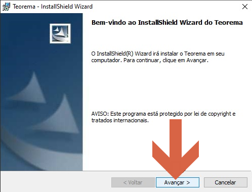 Tela de boas-vindas do InstallShield Wizard do Teorema com botão Avançar em destaque