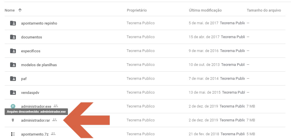 Google Drive — pasta "publico > bin" com arquivo administrador.rar destacado