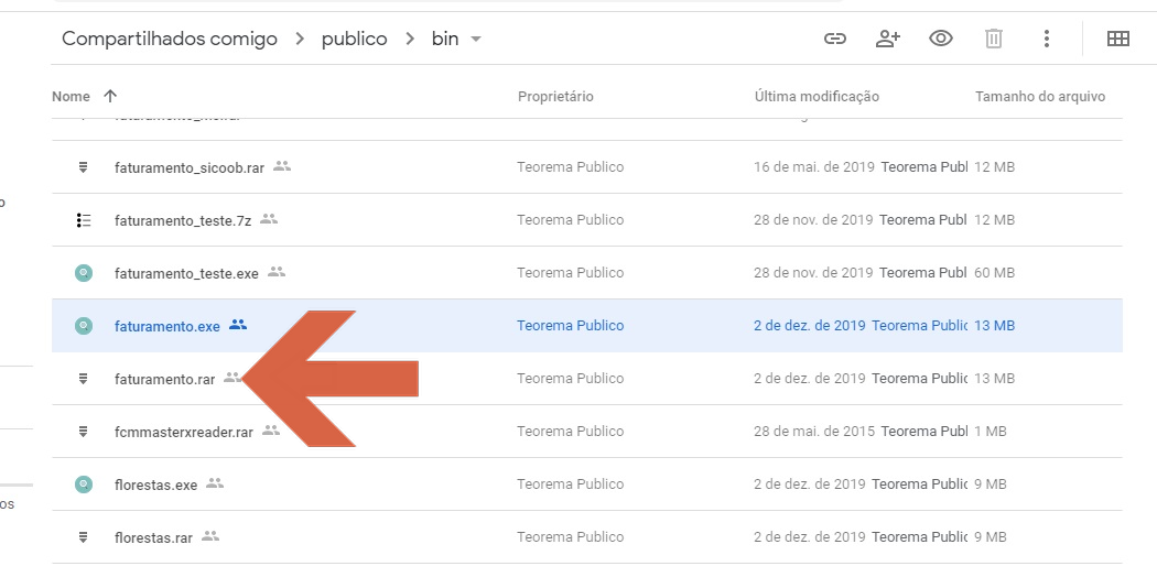 Google Drive — pasta "publico > bin" com arquivo faturamento.exe selecionado e faturamento.rar em destaque