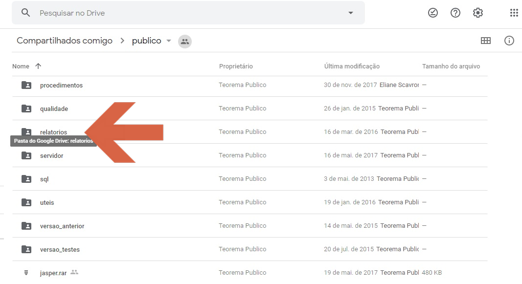 Google Drive — pasta "publico" com pasta "relatorios" destacada