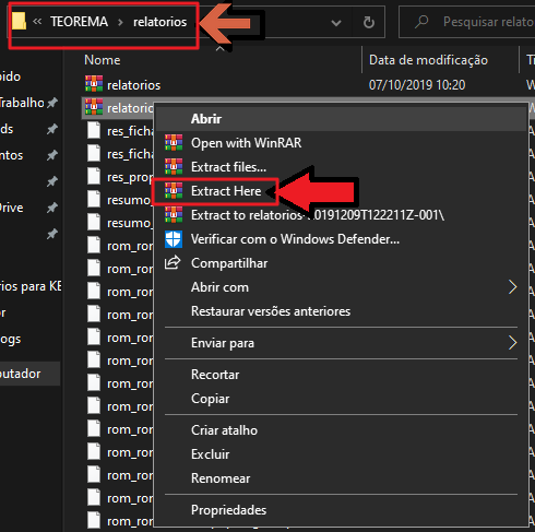 Windows Explorer — pasta C:\TEOREMA\relatorios com menu de contexto do WinRAR aberto e opção "Extract Here" em destaque