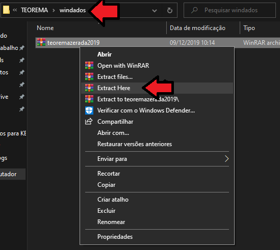 Windows Explorer — pasta C:\TEOREMA\windados com menu de contexto do WinRAR sobre o arquivo teoremazerada2019 e opção "Extract Here" em destaque