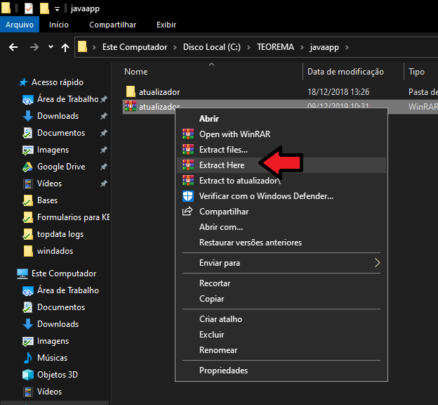 Windows Explorer — pasta C:\TEOREMA\javaapp com pasta "atualizador" e arquivo atualizador (WinRAR), menu de contexto com "Extract Here" em destaque