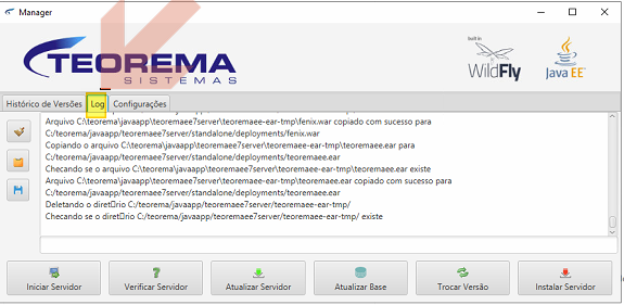 Manager — aba Log exibindo mensagens de cópia dos arquivos teoremaee-ear-tmp/fenix.war e teoremaee.ear para C:/teorema/javaapp/teoremaee7server/standalone/deployments