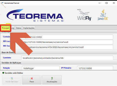 Interface web teoremaee7server — aba Principal com campos WS Local, WS Teorema, Base de Dados Caminho e Servidor de Aplicação (Estação/IP Primário) preenchidos; indicador "Servidor está Online"; botões Iniciar Servidor, Parar e Atualizações