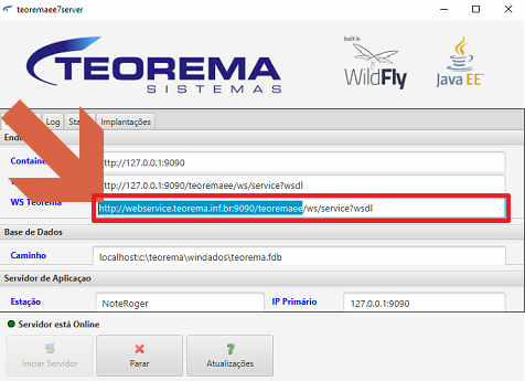 Interface web teoremaee7server — aba Principal com campo "WS Teorema" contendo URL http://webservice.teorema.inf.br:9090/teoremaee/ws/service?wsdl destacado em vermelho