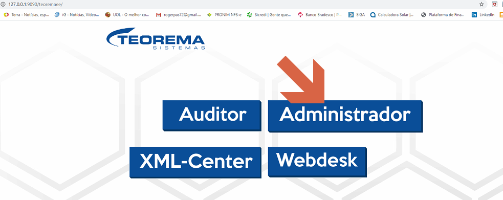 Página inicial do sistema Teorema Sistemas em http://127.0.0.1:9090/teoremaee/ com botões: Auditor, Administrador (em destaque), XML-Center e Webdesk