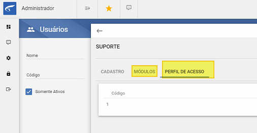 Administrador — tela Usuários com painel de edição do usuário SUPORTE, abas CADASTRO, MÓDULOS e PERFIL DE ACESSO (esta em destaque); campo Código com valor "1"