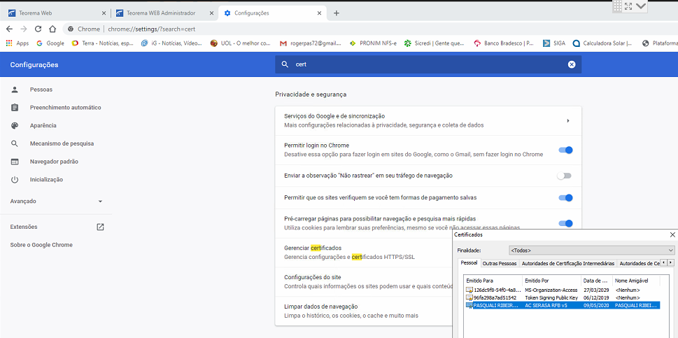 Chrome — Configurações de Privacidade e segurança, opção "Gerenciar certificados" com painel de certificados aberto, aba Pessoas mostrando certificados: MS-Organization-Access e PASQUALI RIBEIRO E OLIVEIRA LTDA