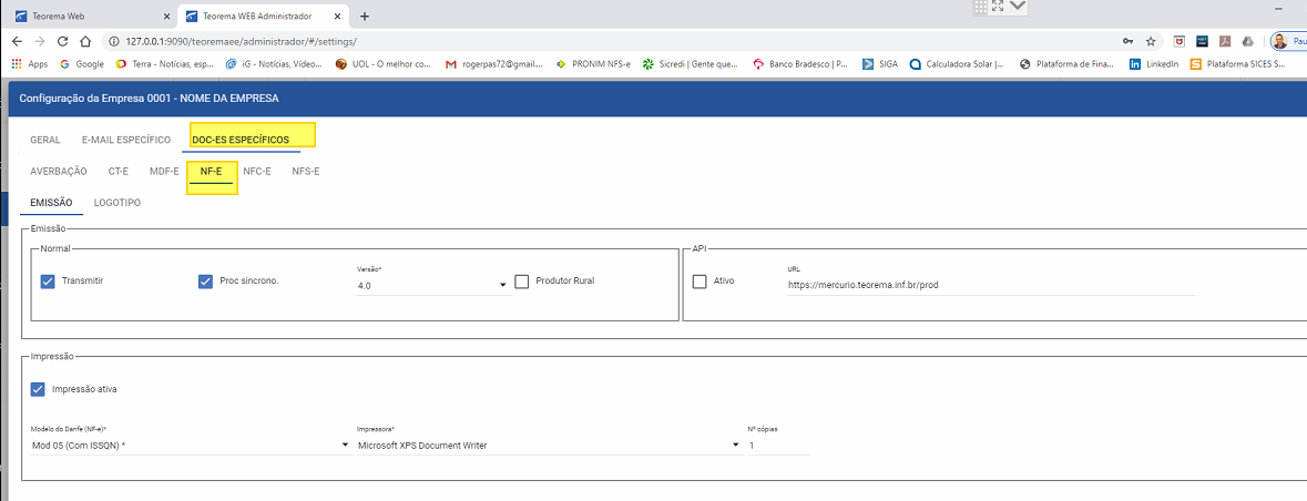 Tela "Configuração da Empresa 0001 — NOME DA EMPRESA" — aba DOC-ES ESPECÍFICOS com sub-aba NF-E selecionada (destacada); seção Emissão Normal: Transmitir marcado, Proc sincrono. marcado, Versão 4.0, API inativa com URL https://mercurio.teorema.inf.br/prod; seção Impressão: "Impressão ativa" marcado, Modelo do Danfe "Mod 05 (Com ISSQN)", Impressora "Microsoft XPS Document Writer", Nº cópias 1