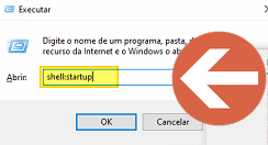 Caixa de diálogo "Executar" com campo Abrir preenchido com "shellstartup" e botão OK em destaque