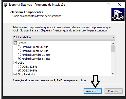 Instalador Teorema — tela Selecionar Componentes com Firebird marcado (Firebird Cliente 32/64 bits, Firebird Servidor 64 bits selecionado), Odbc e DLLs Relatórios; botão Avançar destacado