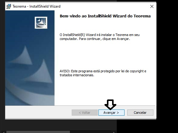 InstallShield Wizard do Teorema — tela de boas-vindas com botão Avançar destacado