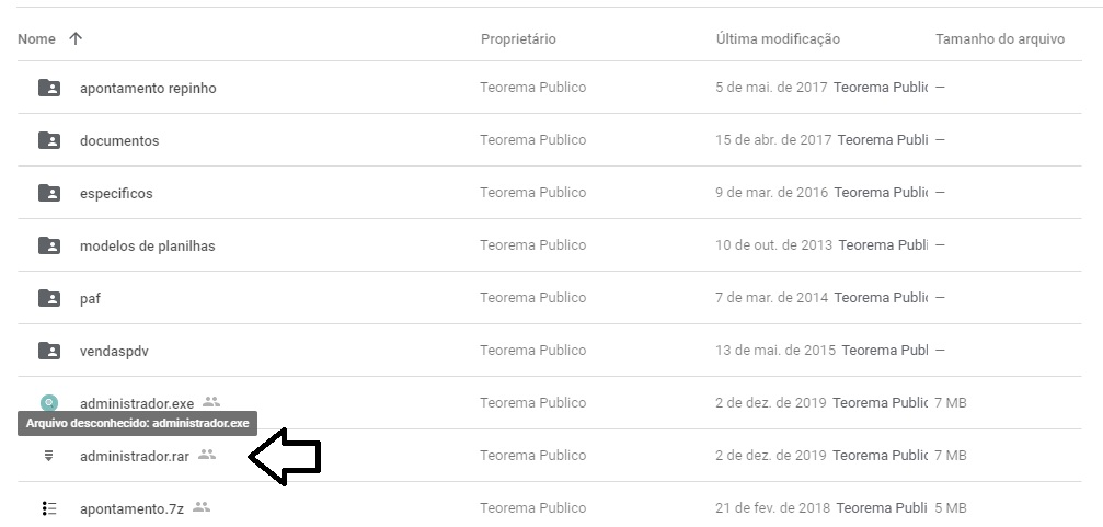 Google Drive — pasta publico/bin com arquivo "administrador.rar" indicado por seta; arquivo "administrador.exe" também visível (7 MB)