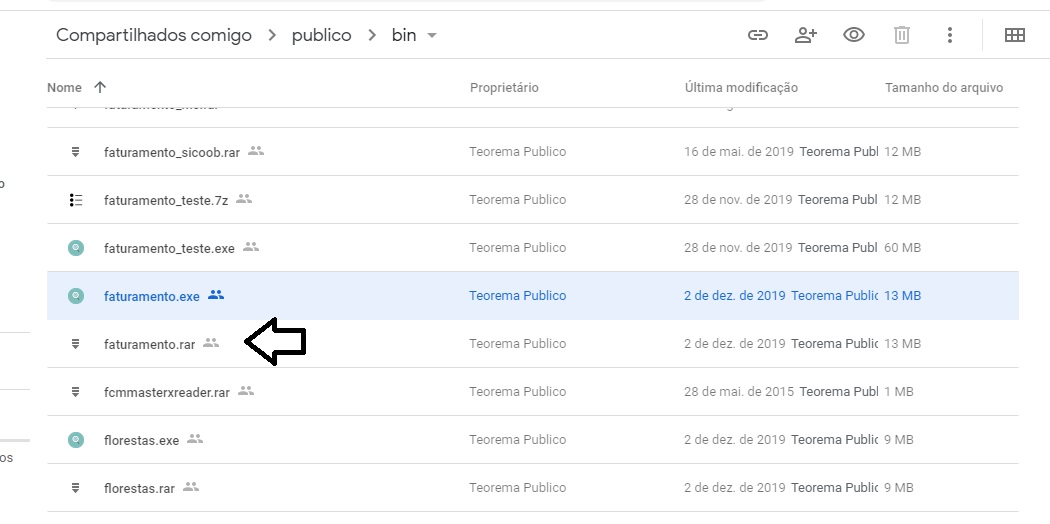 Google Drive — pasta publico/bin com arquivo "faturamento.rar" indicado por seta; "faturamento.exe" selecionado (13 MB)