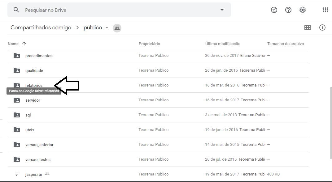 Google Drive — pasta publico com subpasta "relatorios" indicada por seta