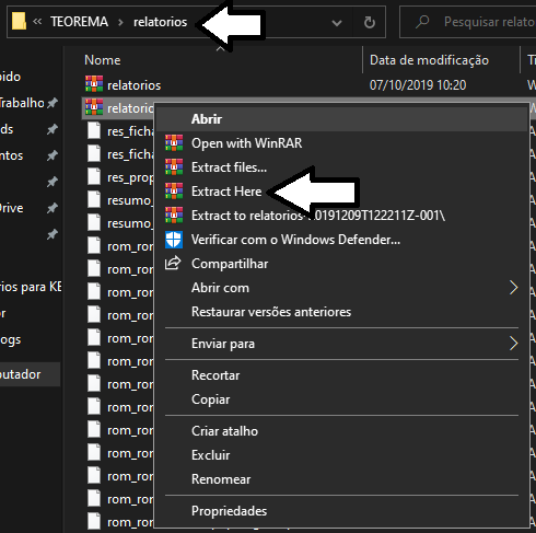 Windows Explorer — pasta TEOREMA\relatorios com menu de contexto do WinRAR aberto; opção "Extract Here" indicada por seta