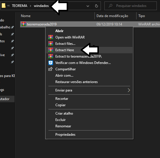 Windows Explorer — pasta windados com arquivo "teoremazerada2019" e menu de contexto do WinRAR aberto; opção "Extract Here" indicada por seta