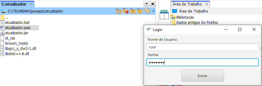 Janela Login com campo "Nome de Usuario" preenchido com "root" e campo "Senha" com caracteres mascarados; botão Entrar; ao fundo, Explorer mostrando pasta C:\TEOREMA\javaapp\atualizador com arquivos atualizador.bat, atualizador.exe, atualizador.jar, id_rsa, known_hosts e DLLs