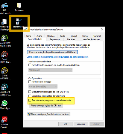 Propriedades do atalho teoremaee7server — aba Compatibilidade com opção "Executar este programa como administrador" desmarcada; botões OK, Cancelar, Aplicar