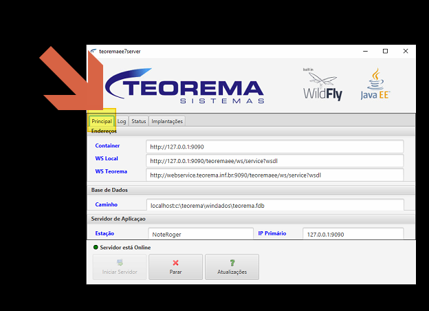 Manager — aba Principal com campos Container (http://127.0.0.1:9090), WS Local (http://127.0.0.1:9090/teoremaee/ws/service?wsdl), WS Teorema (http://webservice.teorema.inf.br:9090/teoremaee/ws/service?wsdl), Base de Dados Caminho (localhost:c:\teorema\windados\teorema.fdb), Estação e IP Primário; status "Servidor está Online"