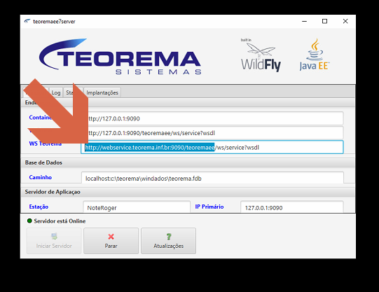 Manager — aba Principal com campo WS Teorema selecionado (http://webservice.teorema.inf.br:9090/teoremaee/ws/service?wsdl) indicado por seta; status "Servidor está Online"