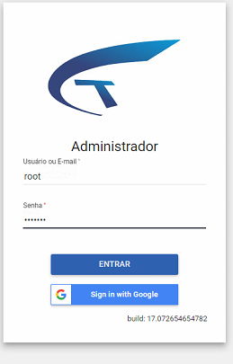 Tela de login do módulo Administrador com campos Usuário ou E-mail (preenchido com "root") e Senha (mascarada); botões Entrar e Sign in with Google