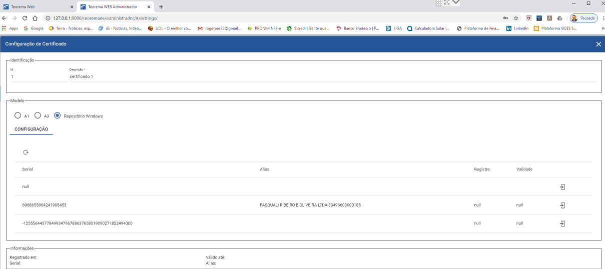Tela Configuração de Certificado — seção Identificação com Id=1 e Descrição="certificado 1"; seção Modelo com opções A1, A3 e Repositório Windows (selecionado); aba Configuração com colunas Serial, Alias, Registro, Validade; linha com serial e alias "PASQUALI RIBEIRO E OLIVEIRA LTDA:33496603000185" destacada em amarelo
