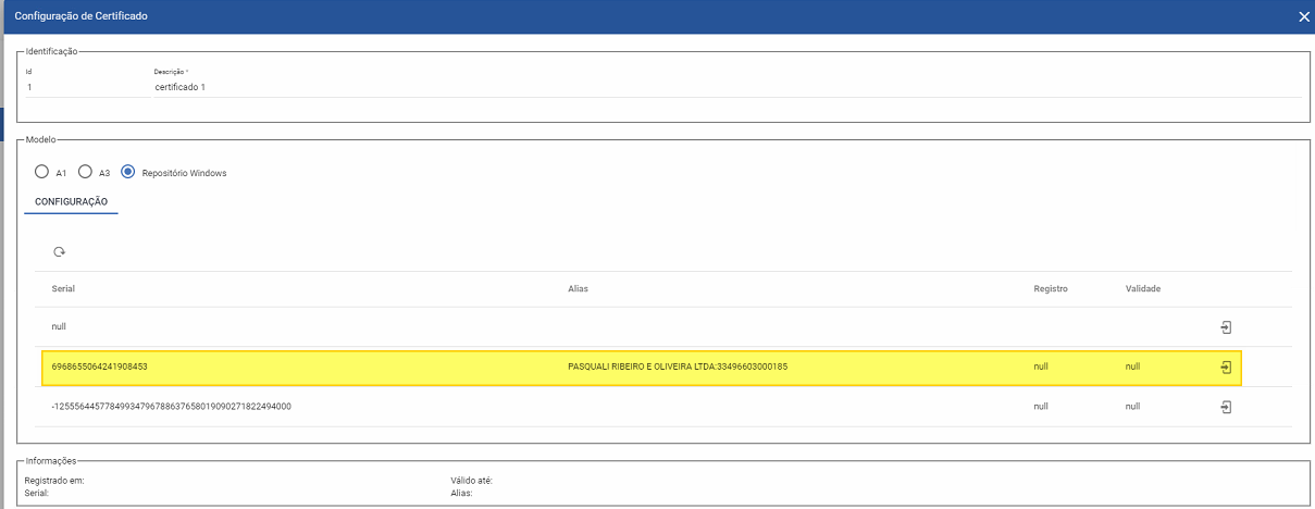 Tela Configuração de Certificado — linha com serial "6968655064241908453" e Alias "PASQUALI RIBEIRO E OLIVEIRA LTDA:33496603000185" destacada em amarelo; demais linhas sem preenchimento