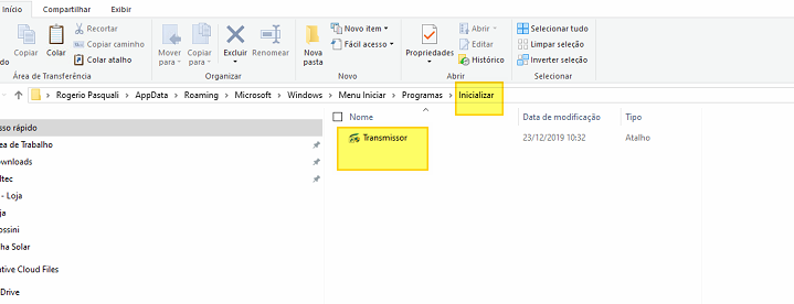 Windows Explorer — pasta Menu Iniciar\Programas\Inicializar com atalho "Transmissor" criado em 23/12/2019