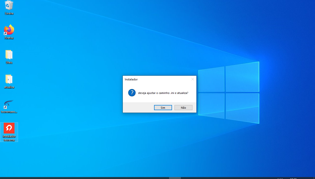 Caixa de diálogo do Instalador perguntando "deseja ajustar o caminho .ini e atualiza?" com botões Sim e Não
