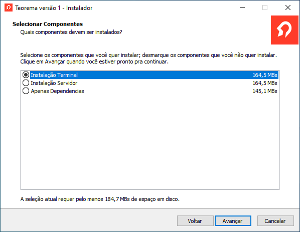 Tela "Selecionar Componentes" com opção "Instalação Terminal" selecionada, além de "Instalação Servidor" e "Apenas Dependencias"