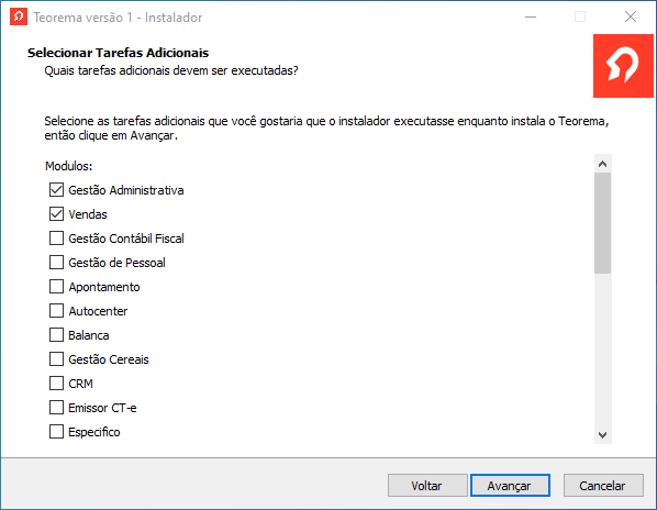 Tela "Selecionar Tarefas Adicionais" com lista de módulos: Gestão Administrativa e Vendas marcados; Gestão Contábil Fiscal, Gestão de Pessoal, Apontamento, Autocenter, Balanca, Gestão Cereais, CRM, Emissor CT-e, Especifico desmarcados