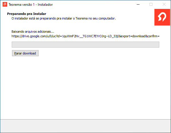 Tela "Preparando pra Instalar" com mensagem "Baixando arquivos adicionais..." e barra de progresso