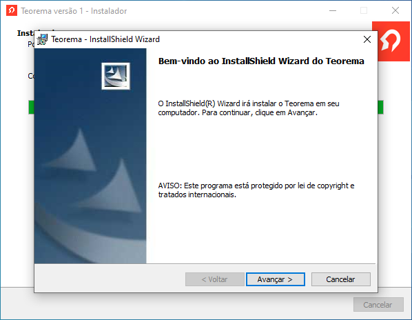 Janela "Teorema - InstallShield Wizard" com mensagem "Bem-vindo ao InstallShield Wizard do Teorema" e botão Avançar