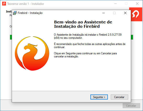 Janela "Firebird - Instalação" com mensagem "Bem-vindo ao Assistente de Instalação do Firebird" indicando versão 2.5.9.27139 (x64)