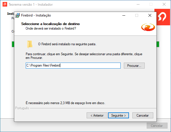 Tela "Seleccione a localização de destino" do instalador Firebird com campo preenchido "C:\Program Files\Firebird"
