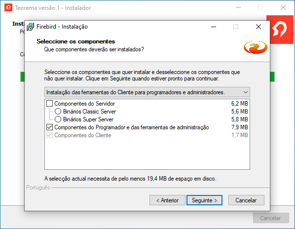 Tela "Seleccione os componentes" do Firebird com opção "Instalação das ferramentas do Cliente para programadores e administradores" selecionada no menu suspenso; componentes: Componentes do Servidor, Binários Classic Server, Binários Super Server, Componentes do Programador e das ferramentas de administração (marcado), Componentes do Cliente