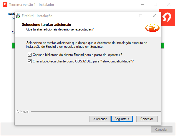 Tela "Seleccione tarefas adicionais" do Firebird com as duas opções marcadas: copiar biblioteca para system e criar GDS32.DLL