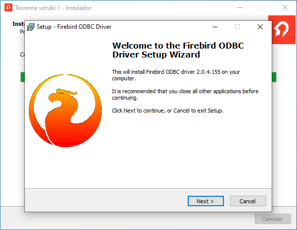 Janela "Setup - Firebird ODBC Driver" com mensagem "Welcome to the Firebird ODBC Driver Setup Wizard" indicando versão 2.0.4.155